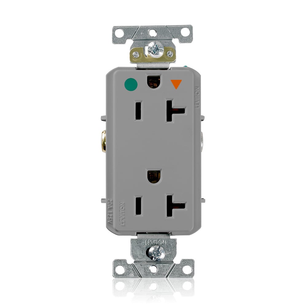D8300-IGG Decora Plus D8300-IG Duplex Heavy Duty Isolated Self-Grounding Smooth Face Straight Blade Receptacle, 125 V AC, 20 A, 2 Poles, 3 Wires, Gray