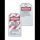 IDEAL, Lockout Tag, Heavy-Duty Laminated, Legend: Do Not Operate - red striped background, Includes: Vinyl Tags Are Silk Screened With A Metal Grommet Fastener
