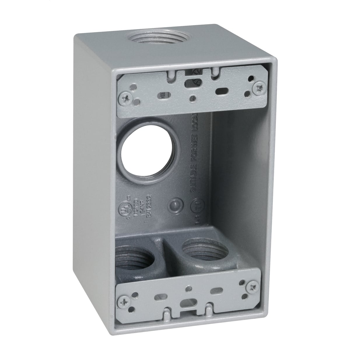 SD475S Weatherproof Outlet Box, Die Cast Metal, 17 cu-in Capacity, 1 Gangs, 4 Outlets, 4-1/2 in L x 2-3/4 in W x 2 in D