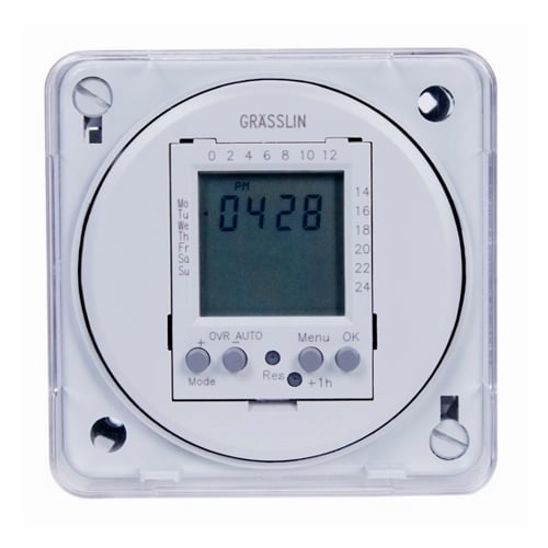 FM1D20E-24 Grasslin Electronic Time Switch With Clear Dust Cover, 1 min to 24 hr/7 days Setting, 24 V AC/DC, 1/2 hp, 1 hp, 1CO 1 Form C SPDT Contact, 1 Poles