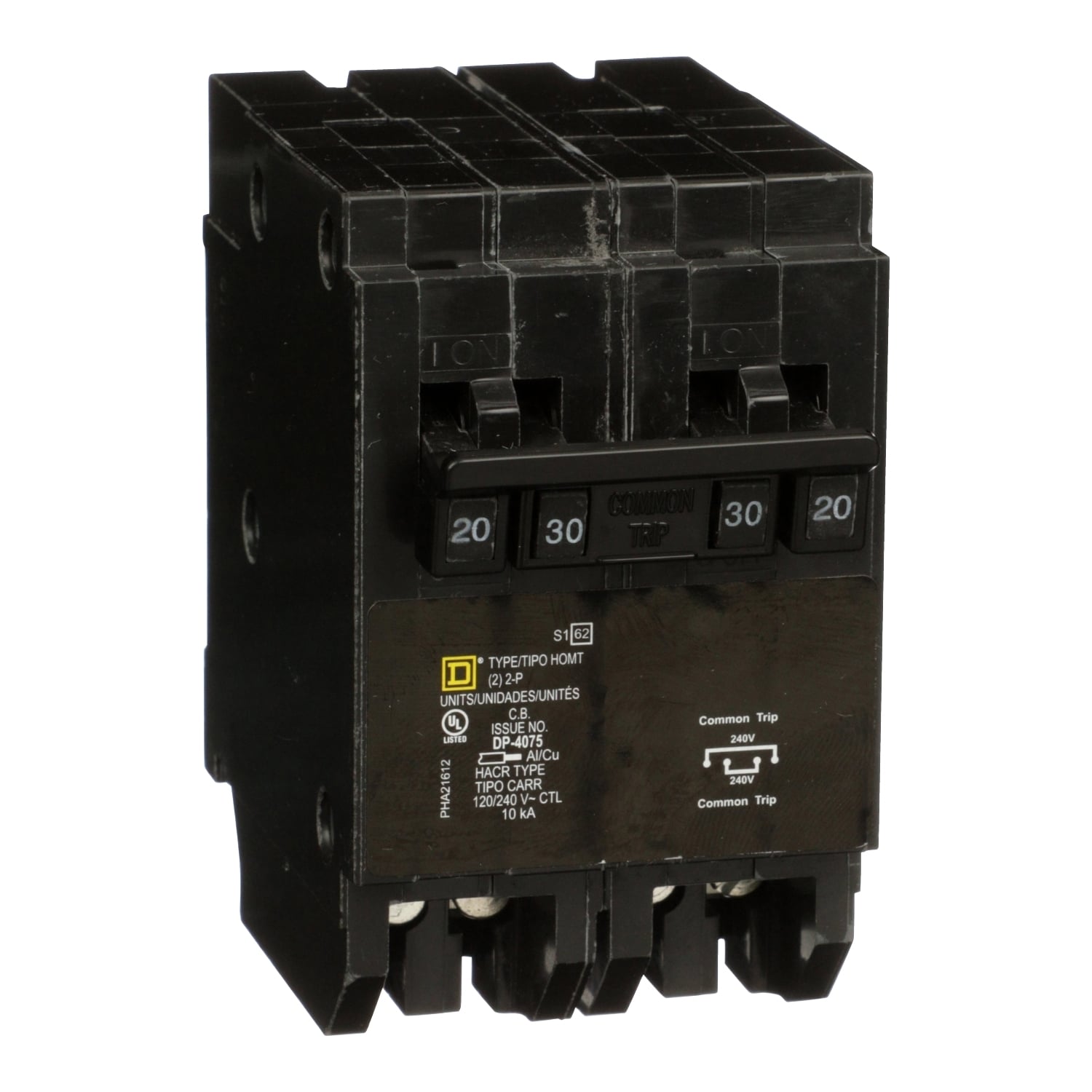 HOMT220230 Homeline Quad tandem circuit breaker, Homeline, 1 x 2 pole at 20A, 1 x 2 pole at 30A, 120/240 V, 10kA AIR, plug in, UL