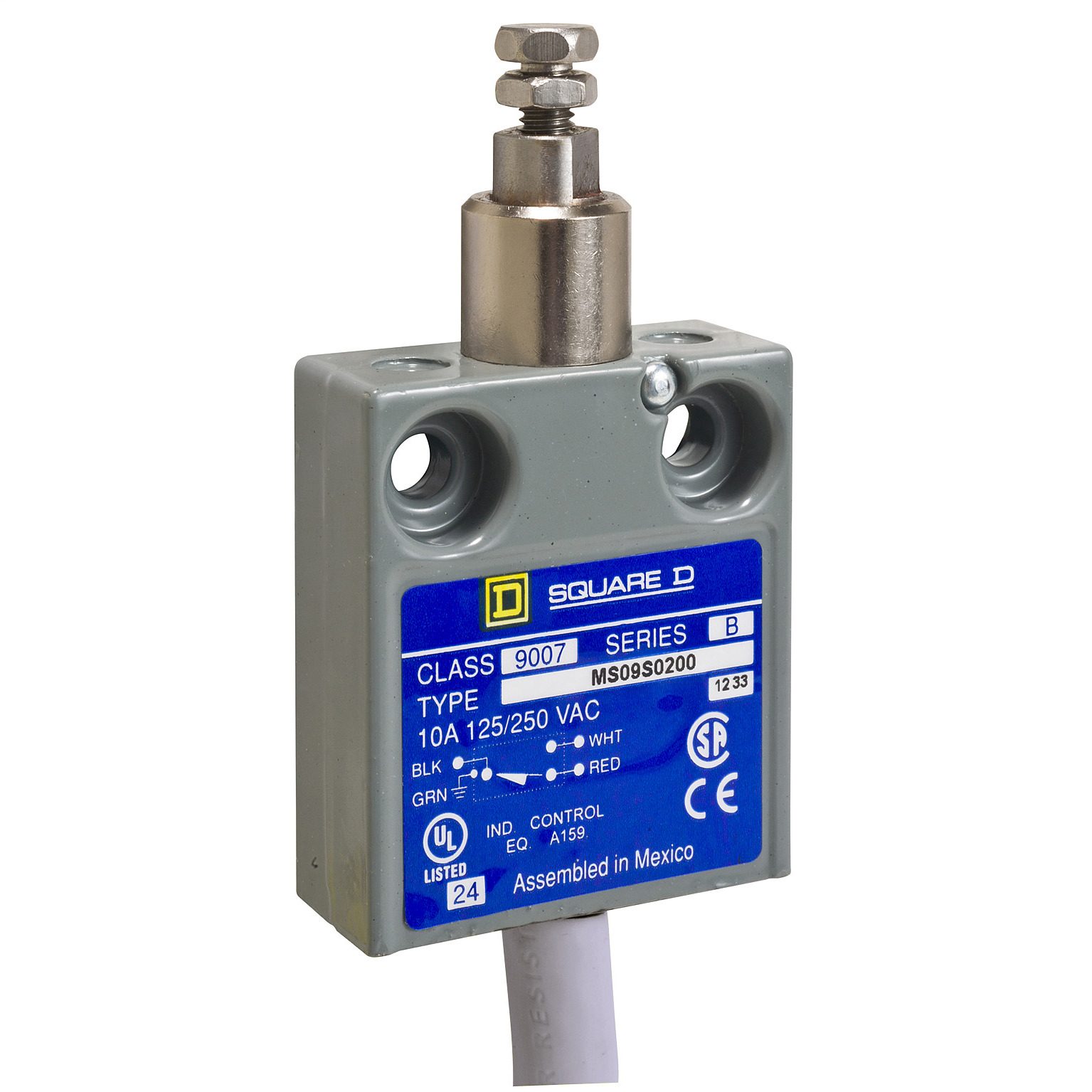 9007MS09G0210 Miniature Potted Fixed Limit Switch, 240 VAC, 10 A, Adjustable Plunger Actuator, 1NO-1NC Contact, 1 Poles