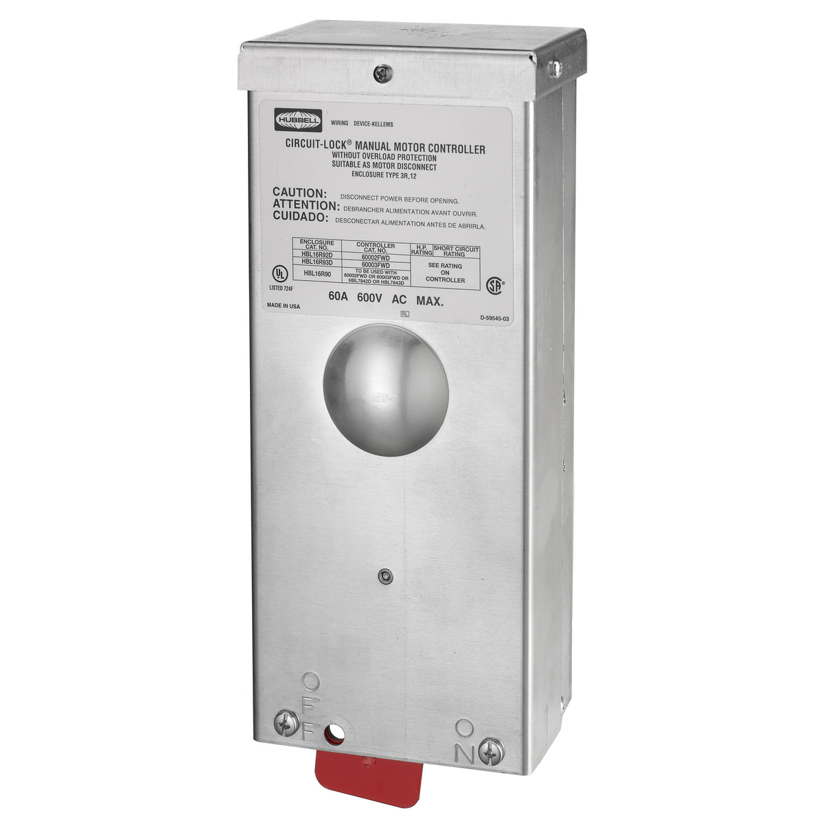 HBL16R92D Standard Disconnect Switch, 600 V, 60 A, 20 hp, 2 Poles