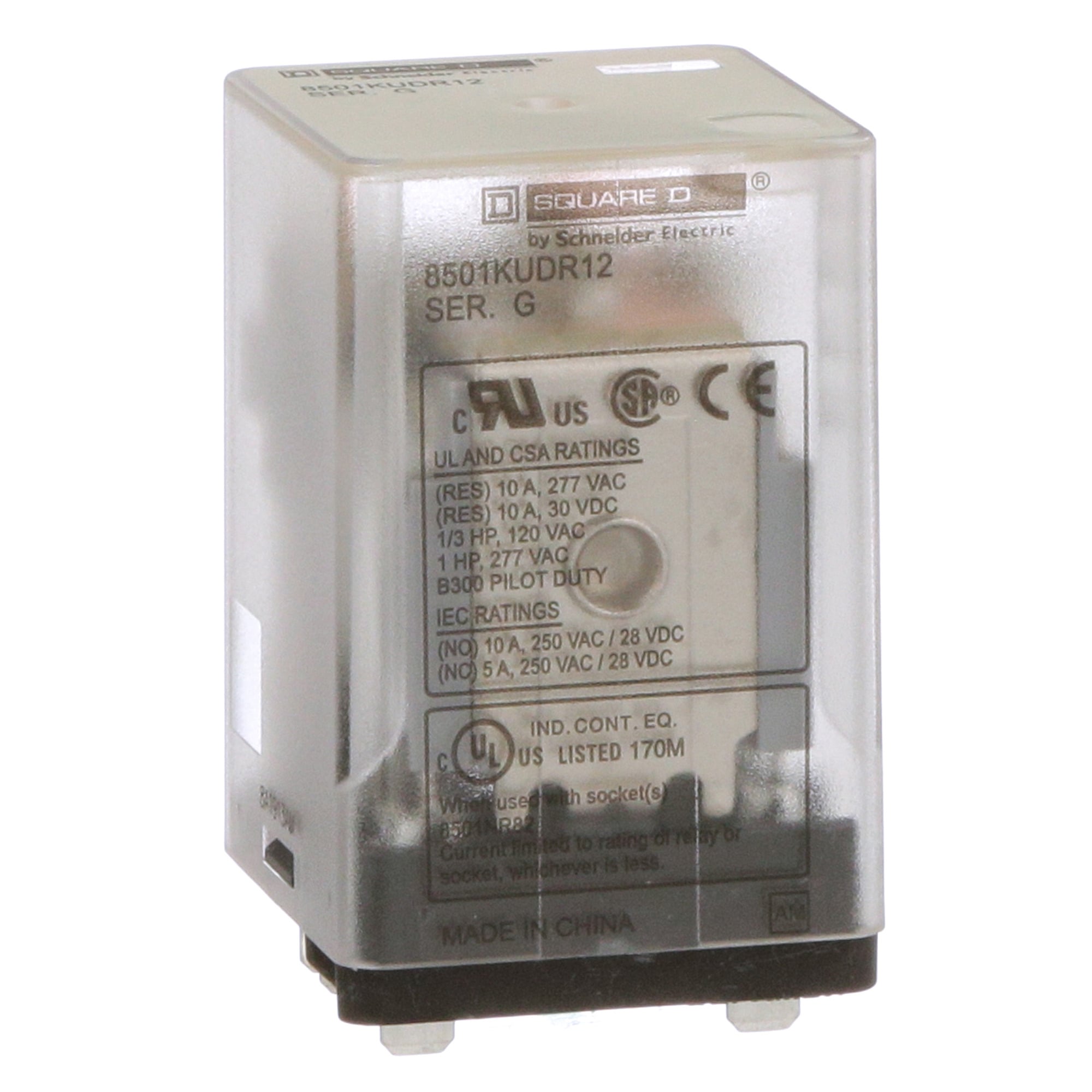 8501KUDR12V60 Type K Universal Plug-In Relay, 10 A, 8 Pin, 2CO 2 Form C DPDT Contact, 300 V AC/30 V DC V Coil