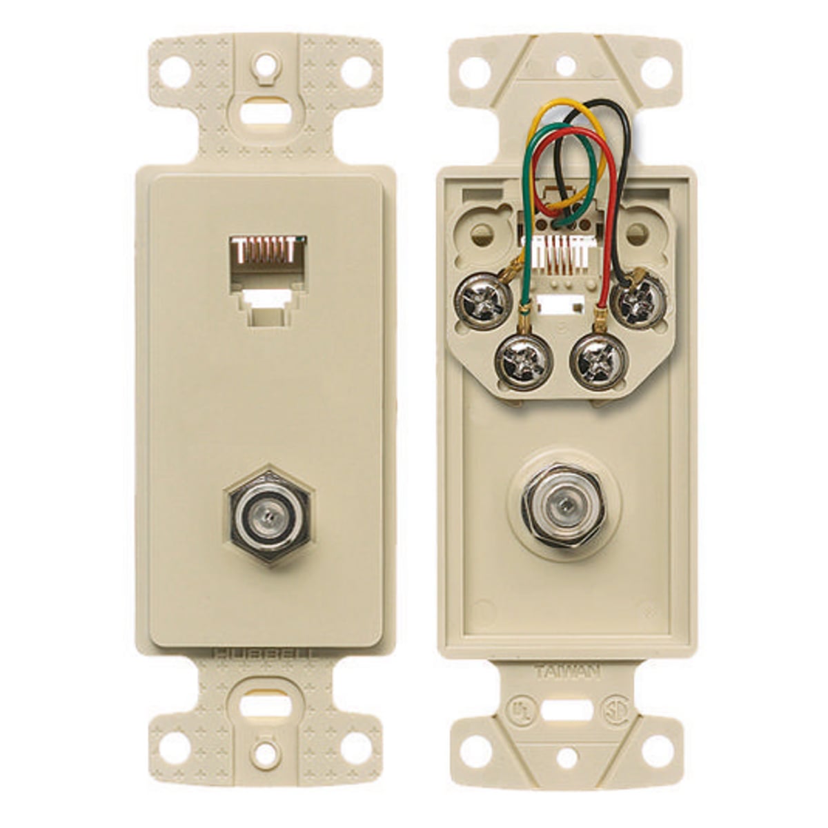 NS783I 1-Gang Decorator Standard Molded-In Plate With F Connector, Wall Mount, 6-Position 6-Conductor Jack Position