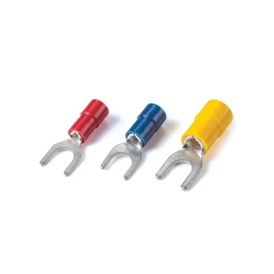 TV14-10F-XV Catamount Fork Terminal, 16 to 14 AWG Conductor, 0.899 in L, Brazed Seam/Funnel Entry/Internal Serration Barrel, Copper, Blue