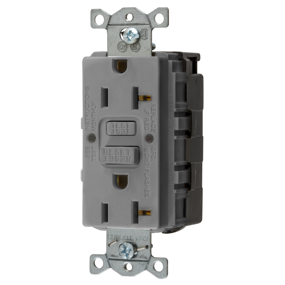 GFRST20SNAPGY 1-Phase Decorator Duplex Heavy Duty Standard Self-Test Screw Mount GFCI Receptacle, 125 VAC, 20 A, 2 Poles, 3 Wires, Gray