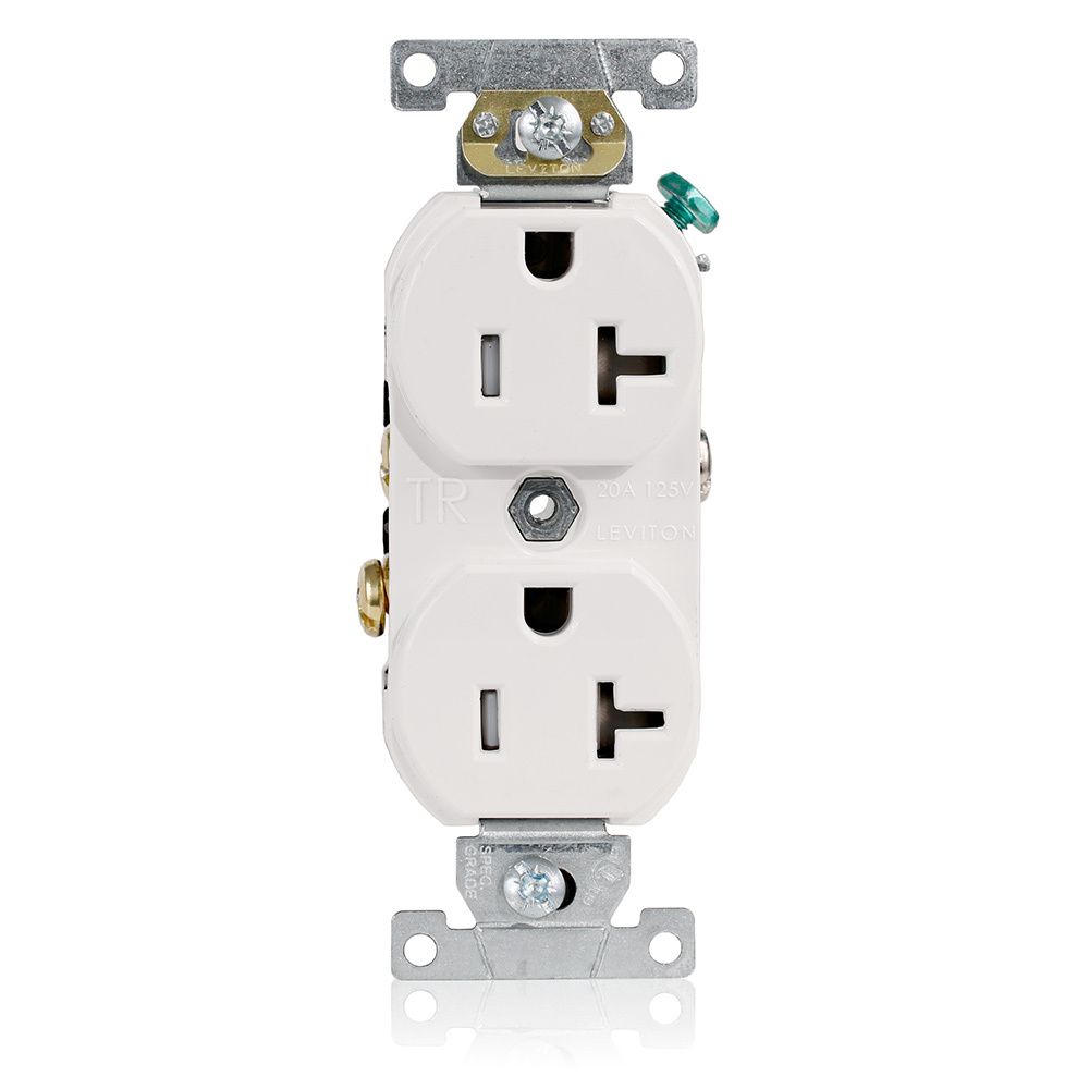TBR20-W Duplex Tamper Resistant Straight Blade Receptacle, 125 V AC, 20 A, 2 Poles, 3 Wires, White
