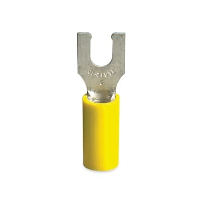 KV10-10LF-D Spec-Kon Fork Terminal, 12 to 10 AWG Conductor, 0.992 in L, Brazed Seam/Funnel Entry/Internal Serration Barrel, Copper, Yellow