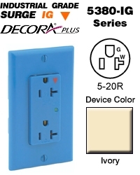 5380-IGI 2-Pole 3-Wire Type 3-Duplex Isolated Self-Grounding Surge Protective Receptacle, 125 V AC, 20 A, 5 kA Short Circuit
