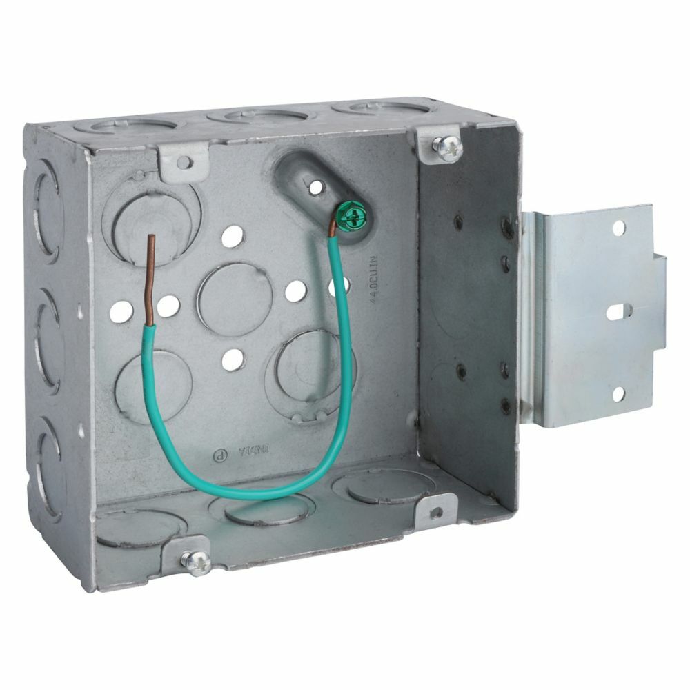 Eaton Crouse-Hinds series 4-11/16" square outlet box, (2) 1/2",  (2) 1/2"+ 3/4" E bottom KOs, Solid wire, MSB bracket, Single bracket, Welded, 2-1/8" depth, Steel, (9) 1/2" + 3/4" E side KOs, Includes pigtail, 66.0 cu in