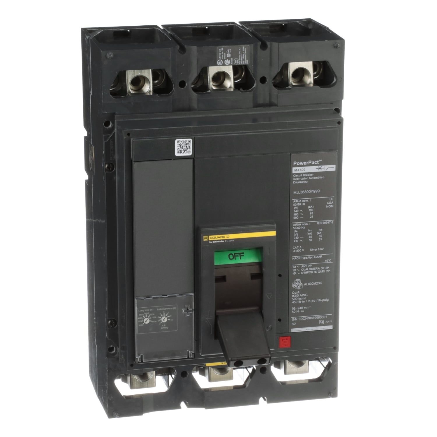 MGL36800E10 Series Circuit Breaker, 600 V AC, 300-800 A, 35 to 60 kA interrupt, 3 poles, Magnetic trip