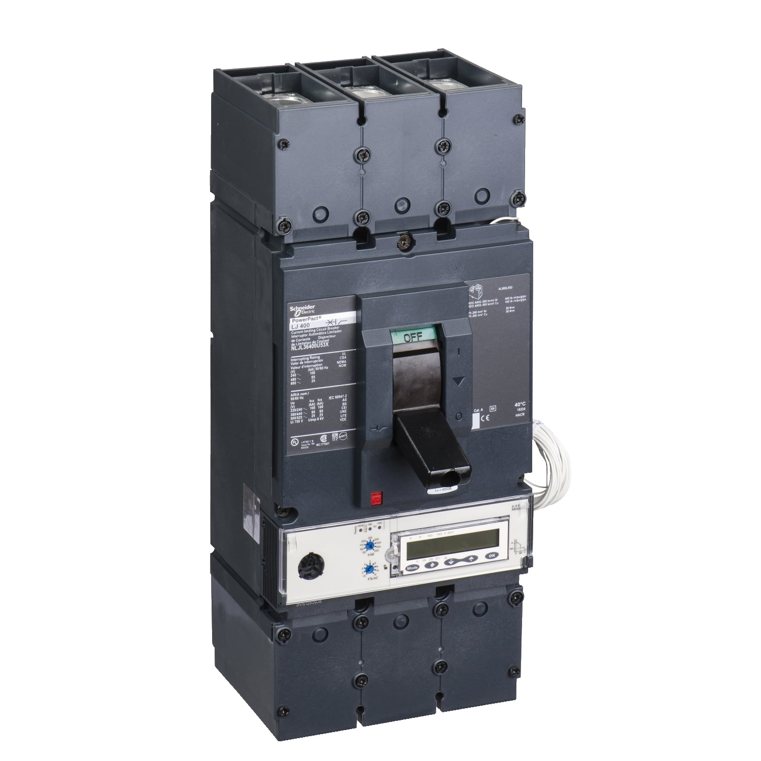 LLL37040D30 Power Pact Circuit Breaker, 500 V DC, 400 A, 125 kA at 240 VAC/100 kA at 480 VAC/50 kA at 600 VAC/20 kA at 250 V DC/50 kA at 500 V DC Interrupt, 3 Poles, Thermal Magnetic Trip