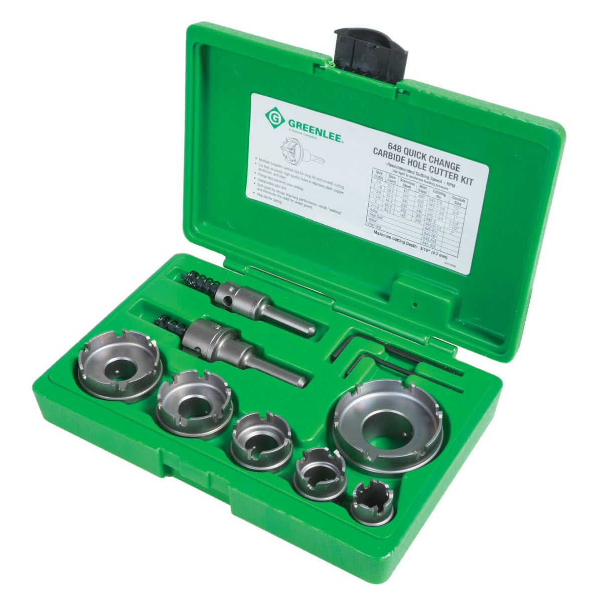 648 Quick-Change Hole Cutter Kit With Fixed Pockets, 7/8 in Dia Min Cutter, 2-1/2 in Dia Max Cutter, 8 Pieces, For Use With 1/2 to 2 in Conduit, Tungsten Carbide, Oxide Coated