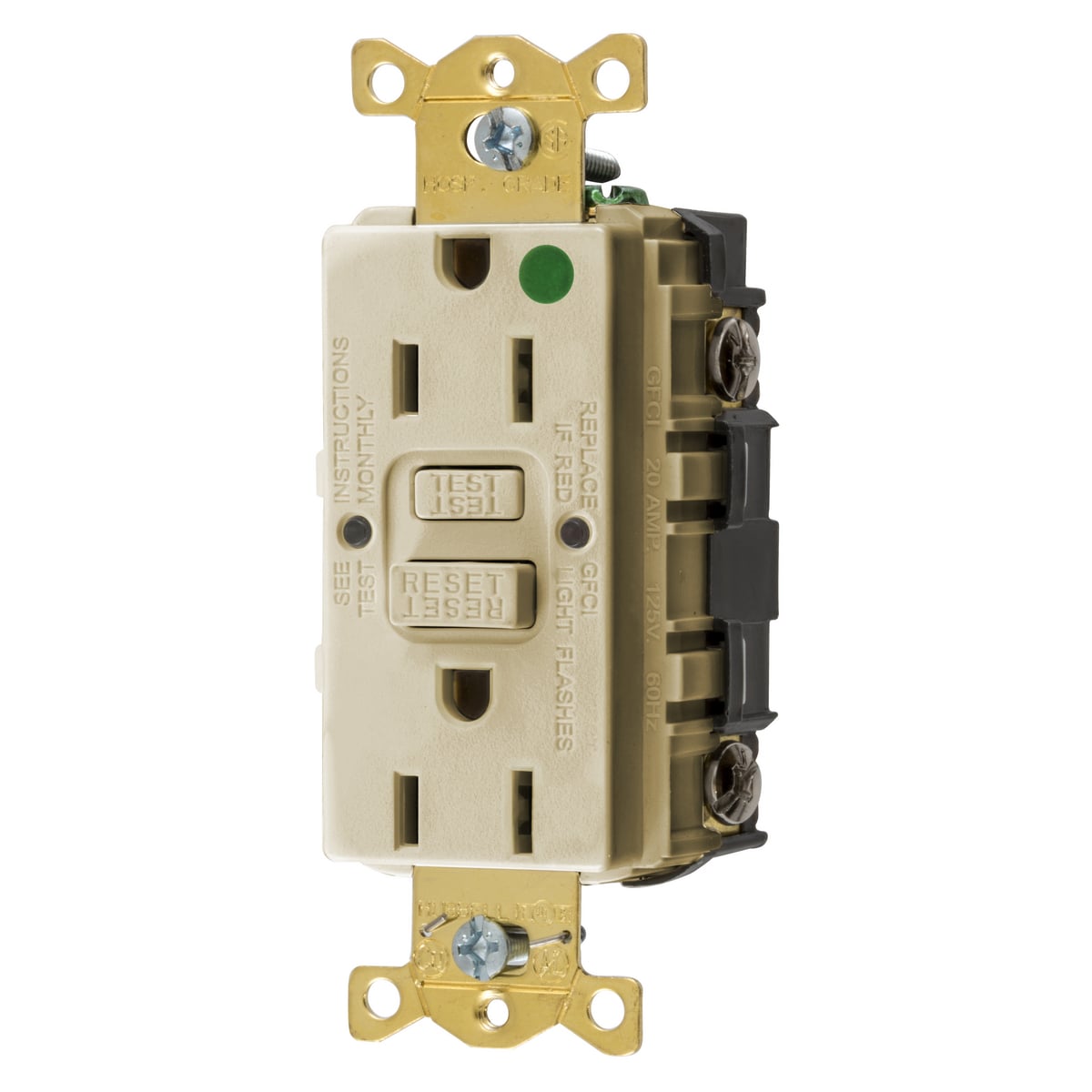 GFRST82I 1-Phase Decorator Duplex Self-Test Standard Straight Blade Screw Mount GFCI Receptacle, 125 VAC, 15 A, 2 Poles, 3 Wires, Ivory