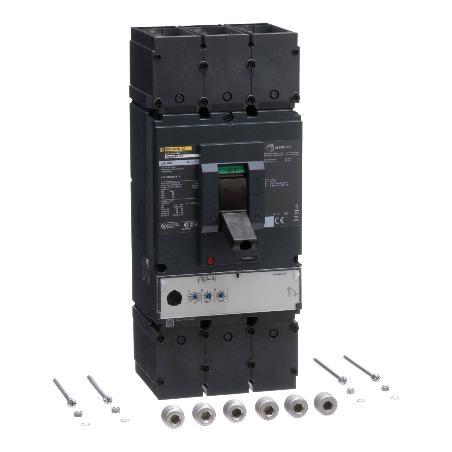 LGL36600U31X PowerPact 80% Rated Molded Case Circuit Breaker, 600 V AC, 600 A, 18 kA at 600 V AC Interrupt, 3 Poles, Electronic Trip