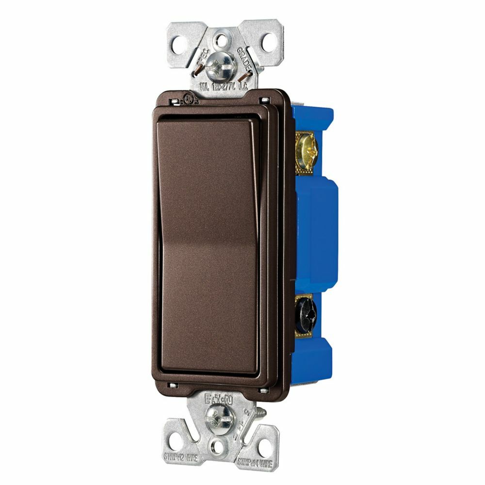 Eaton standard grade decorator switch, #14-12 AWG, 15A, Flush, 120/277V, Back/push, Decorator, Maintained, Oil rubbed bronze, Motor Control, Fan, LED, Incand, ELV,MLV,CFL, Florscnt, Halogen, Four-way, Thermoplastic 752766