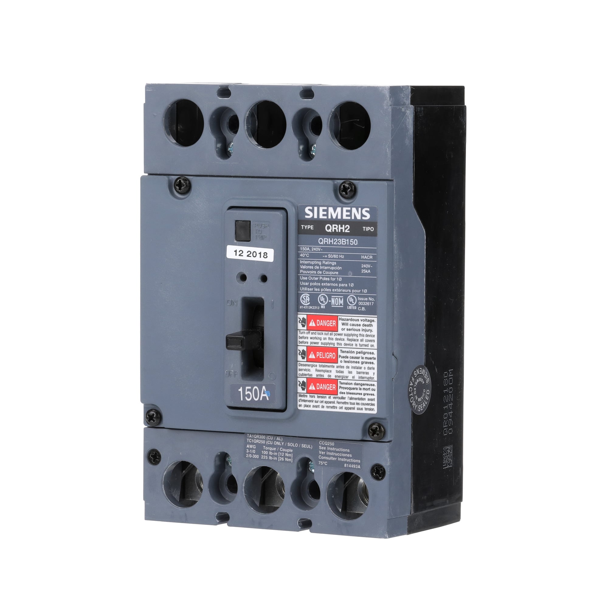 QRH23B125 Low Voltage Molded Case Circuit Breaker, 240 V AC, 125 A, 25 kA Interrupt, 3 Poles, Thermal Magnetic Trip