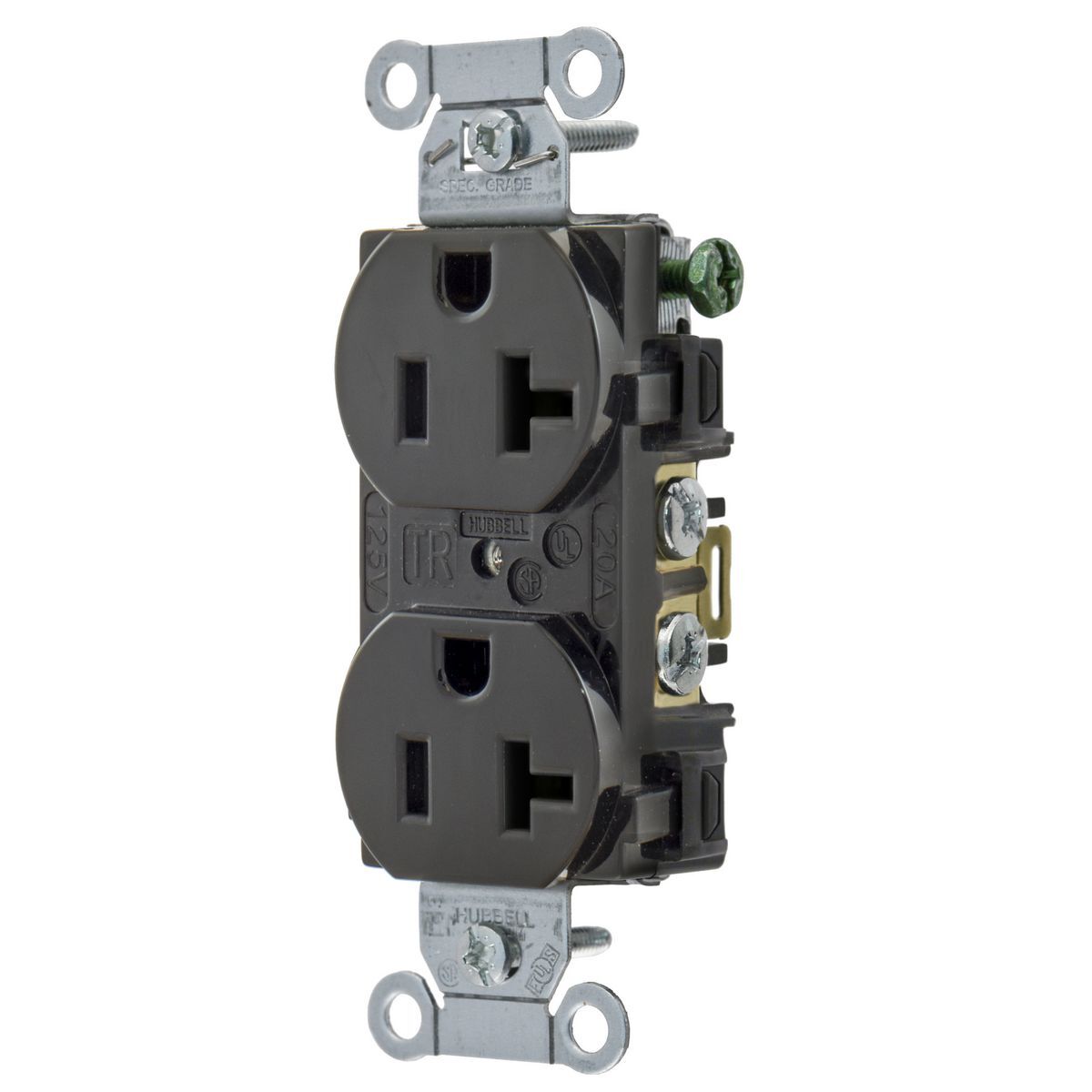 5352ABLK 1-Phase Duplex Grounding Screw Mount Straight Blade Receptacle, 125 V AC, 20 A, 2 Poles, 3 Wires, Black