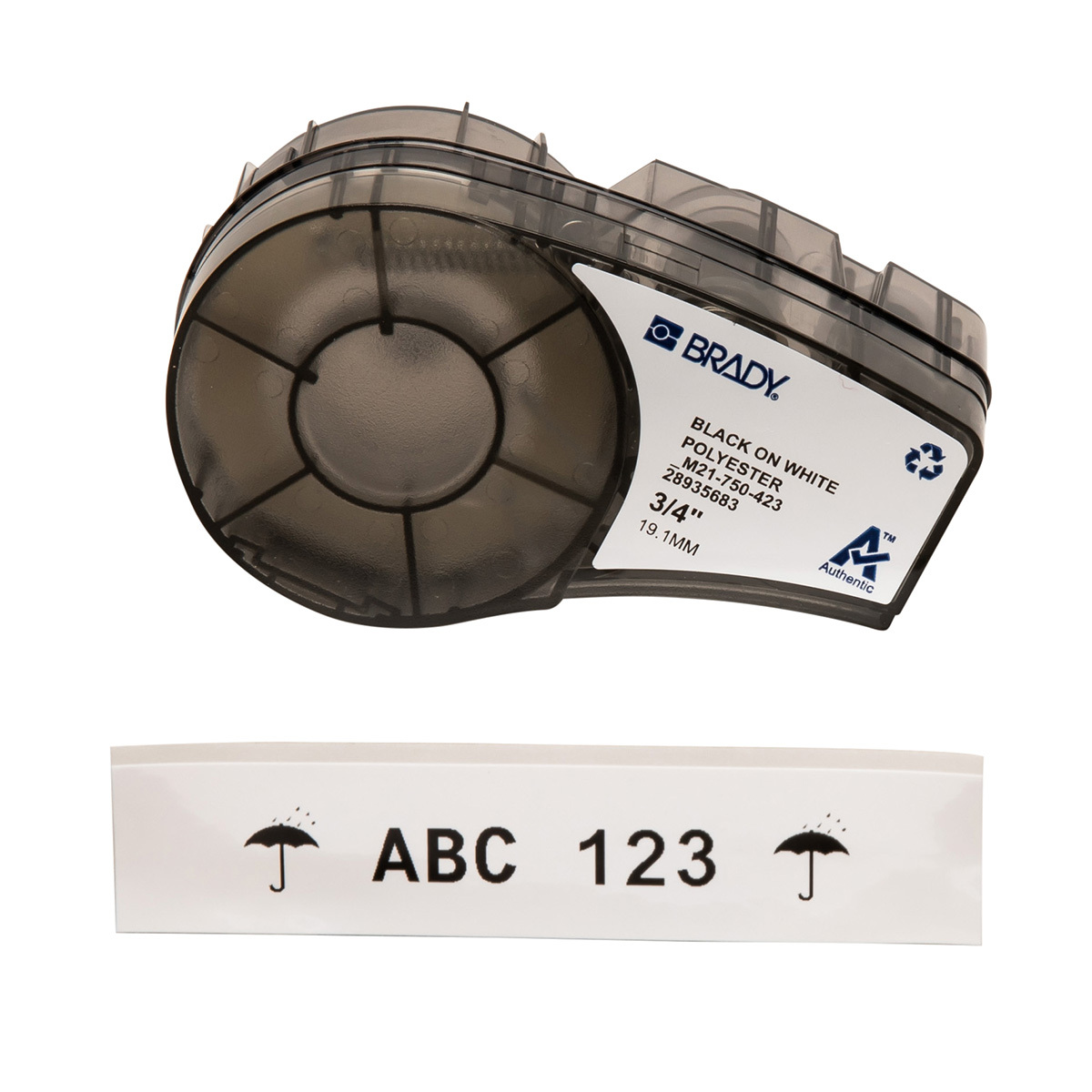 M21-750-423 WorkHorse BMP21 Cartridge Label, 21 ft L x 3/4 in W, Black on White, B-423 Polyester