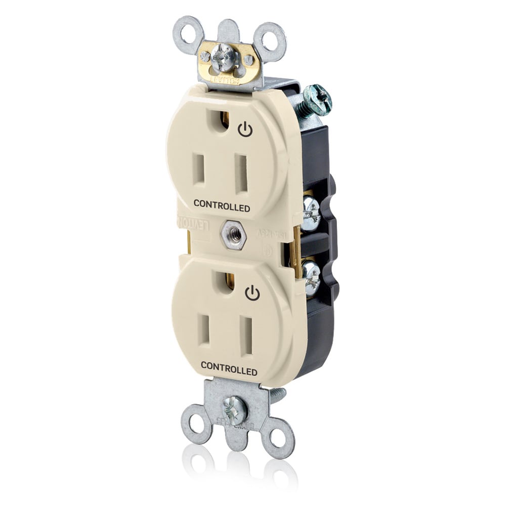 5262-S2T Heavy Duty Narrow Body Straight Blade Duplex Receptacle With 2 Plug Controlled Markings, 125 V AC, 15 A, 2 Poles, 3 Wires, Light Almond