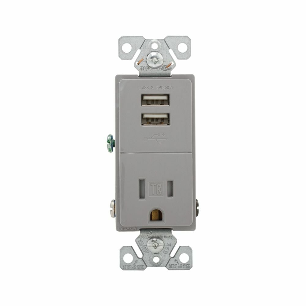 Eaton combination USB charger with receptacle, Tamper resistant, 15A at 125 Vac, 2.4A at 5 Vdc, Flush mount, 125 Vac, 5 Vdc, Side wiring, Gray, Brass, 5-15R, Two-pole, three-wire, grounding, Decorator, Thermoplastic