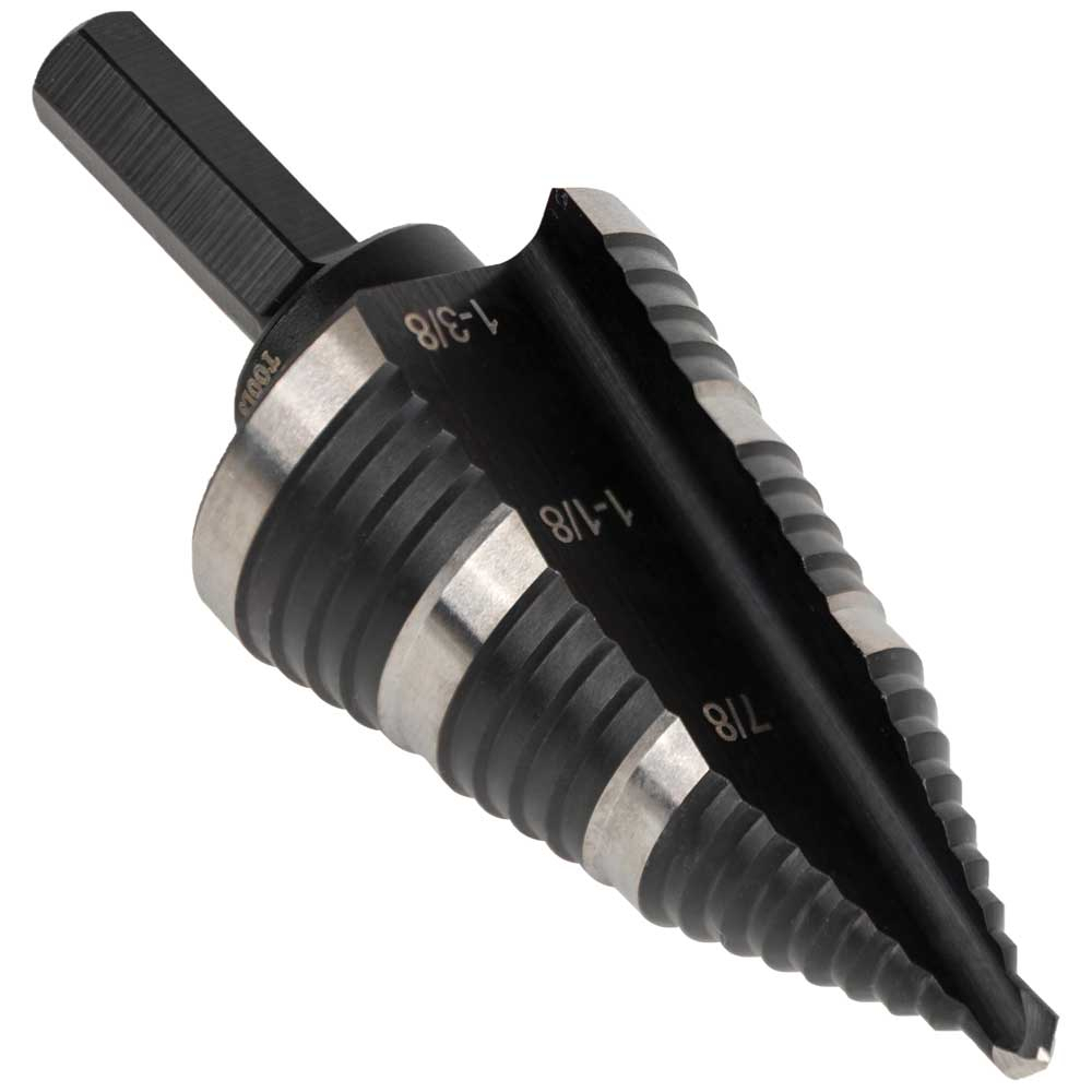 KTSB15 Step Drill Bit, 7/8 in Dia Min Hole, 1-3/8 in Dia Max Hole, Steel, 3 Hole Sizes, 3/8 in Shank