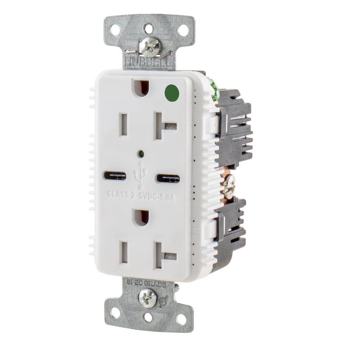 USB8300C5W Duplex Grounding Tamper-Resistant Standard Style C USB Charger Receptacle With Green LED, 20 A at 125 V AC, 1 hp, 2500 W, 1 Phase, 2 Poles, 3 Wires, White