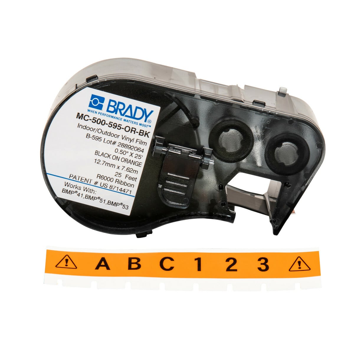 MC-500-595-OR-BK M Series Label Maker Cartridge, 25 ft L x 1/2 in W, For Use With BMP 41 Label Printers, BMP 51 and BMP 53 Label Maker, B-595 Vinyl, Black on Orange