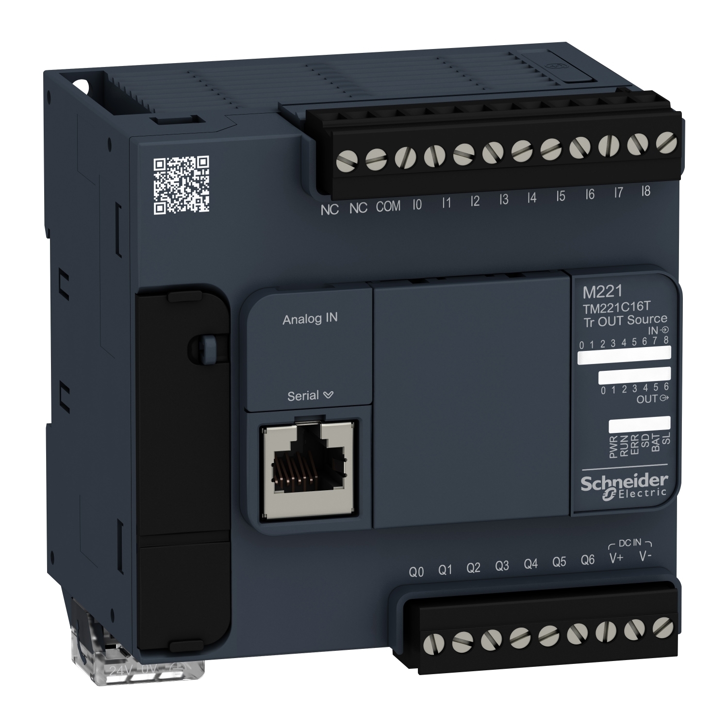 TM221C16T Modicon Logic Controller With Realtime Clock, 24 V DC, 7 mA Discrete Input/5 mA Fast Input, 9 Discrete/4 Fast/2 Analog Inputs, 7 Transistor/2 Fast Outputs