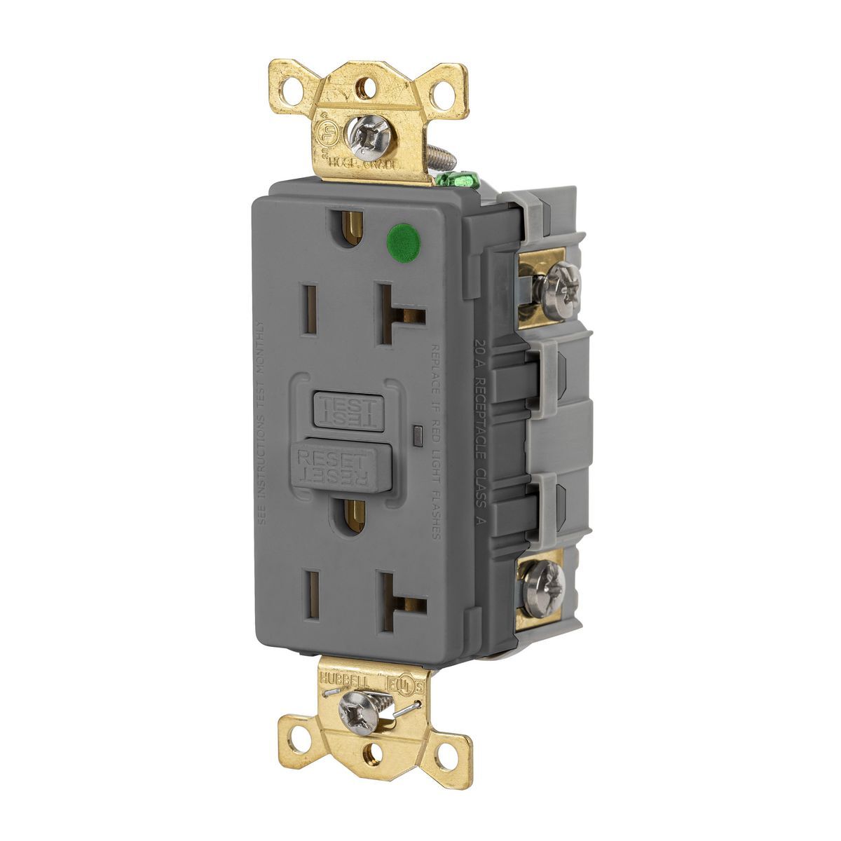 GFR83GRY Heavy Duty GFCI Receptacle, 125 V AC, 20 A, 2 Poles, 3 Wires, Grey