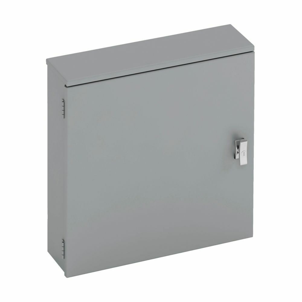 utility enclosures, 12" height, 4" length, 12" width, NEMA 3R, Hinged cover, RTC cabinet, Surface mounted, Small single door, 4 bottom knockouts, Embossed thru holes, Carbon steel