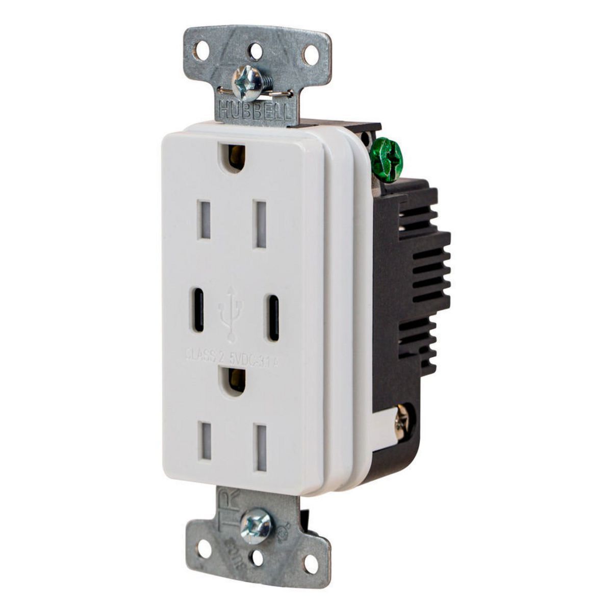 USB15CW Hubbell-PRO Line Decorator Style USB Charger Duplex Receptacle, 15 A 125 V AC, 1 Phase , 2 Poles, 3 Wires, White