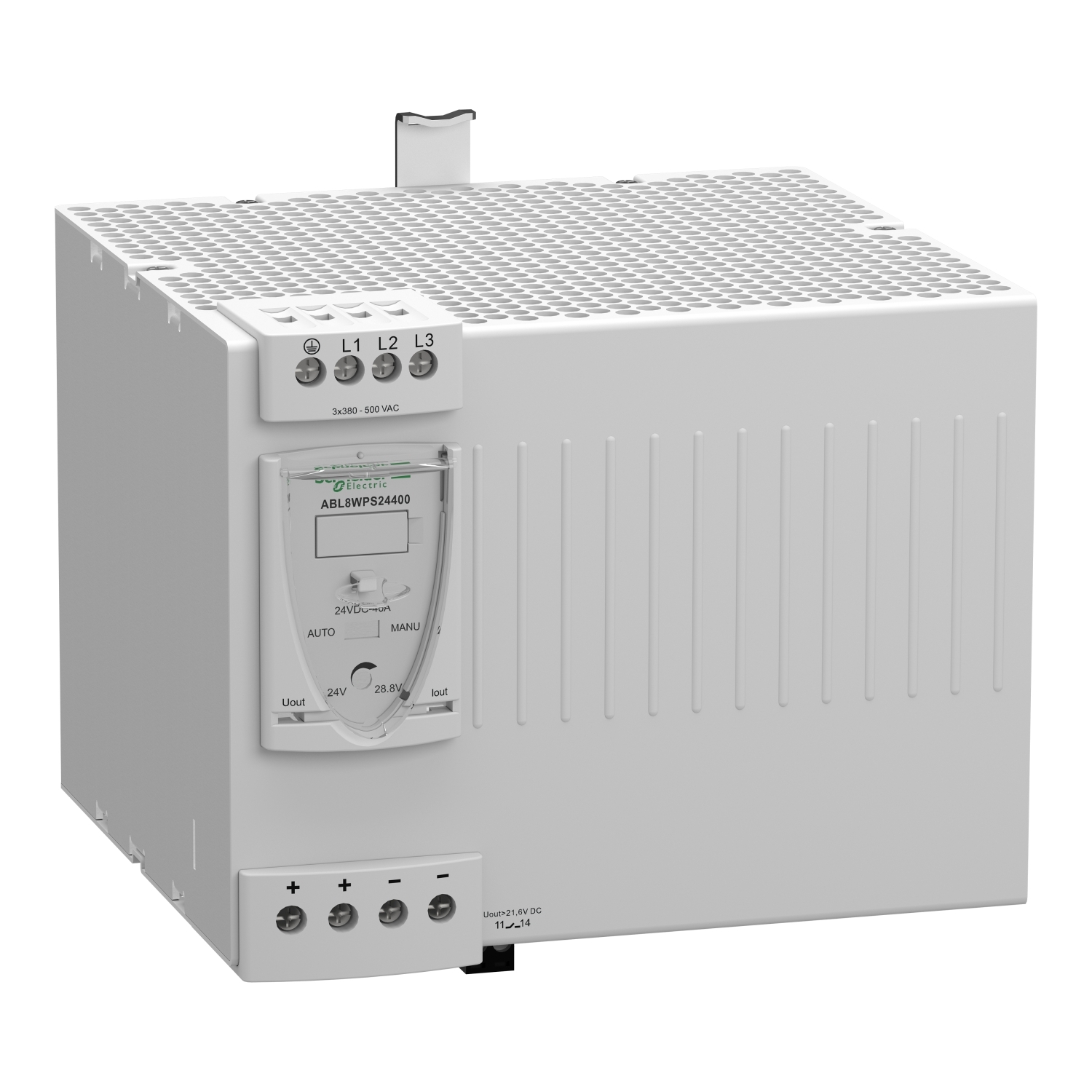 ABL8WPS24400 Phaseo 3-Phase Regulated Switch Mode DC Power Supply, 380 to 500 V AC Input, 24 VDC Output, 960 W Power Rating, 40 A, DIN Rail Mount