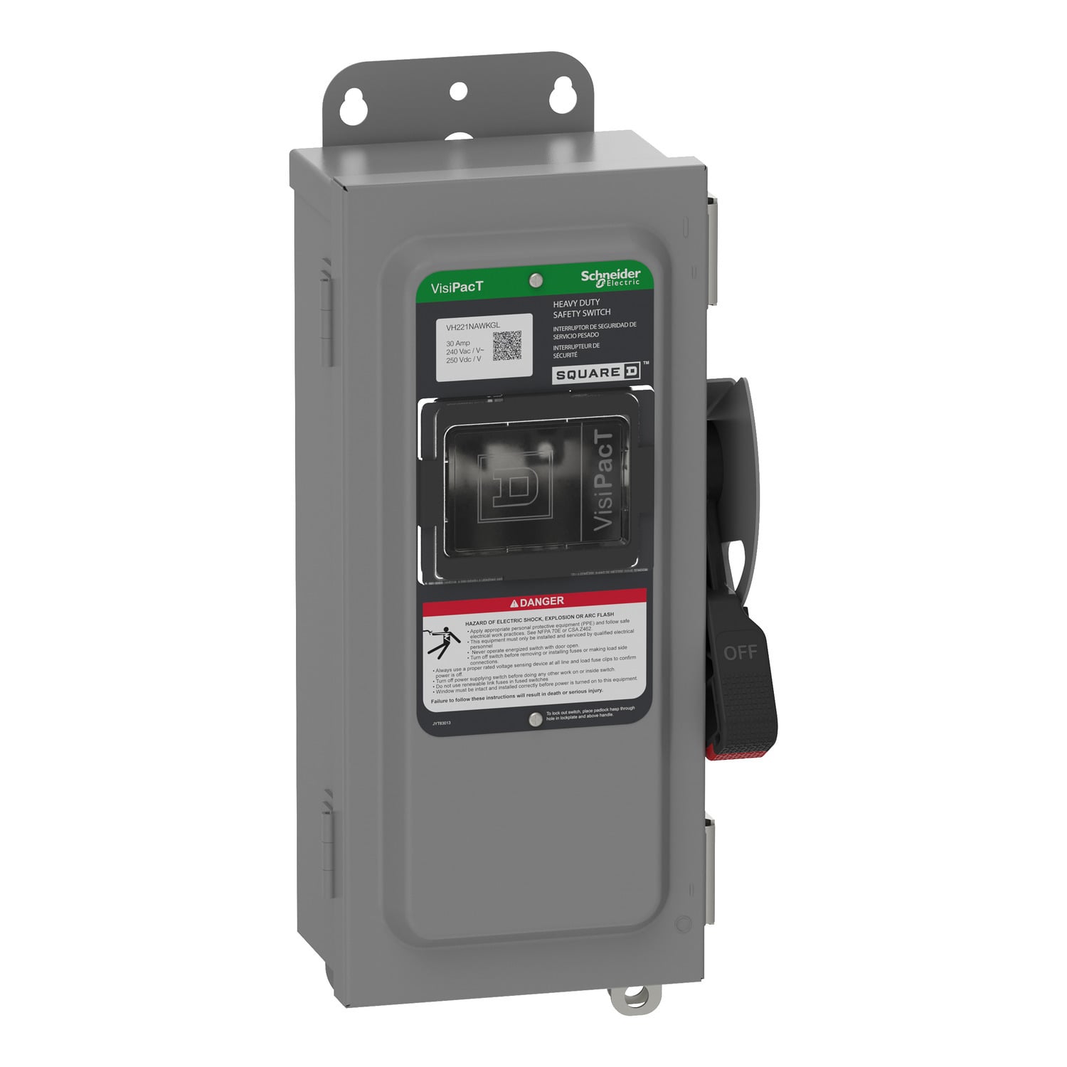 VH221NAWKGL Heavy Duty Fusible Disconnect Safety Switch, 240 VAC, 250 VDC, 30 A, 1.5, 3, 5, 7.5 hp, 2 Poles