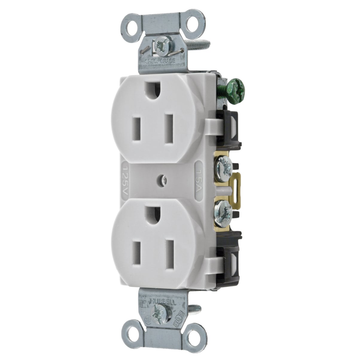 BR15OW 1-Phase Duplex Self-Grounding Standard Traditional Screw Mount Straight Blade Receptacle, 125 V AC, 15 A, 2 Poles, 3 Wires, Office White
