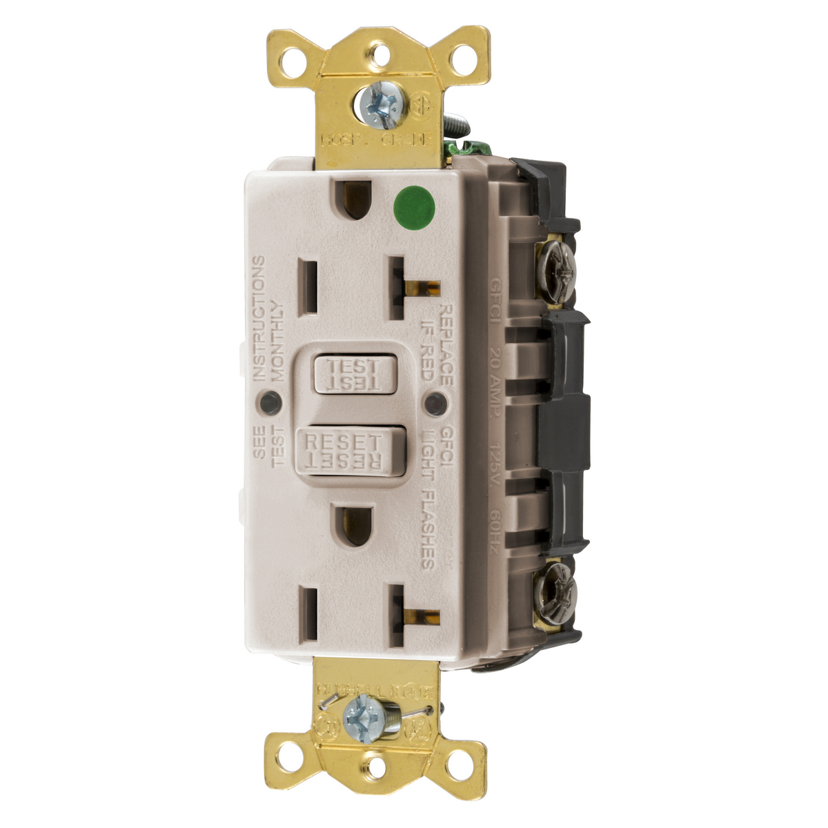 GFRST83LA 1-Phase Decorator Duplex Self-Test Standard Straight Blade Screw Mount GFCI Receptacle, 125 VAC, 20 A, 2 Poles, 3 Wires, Light Almond