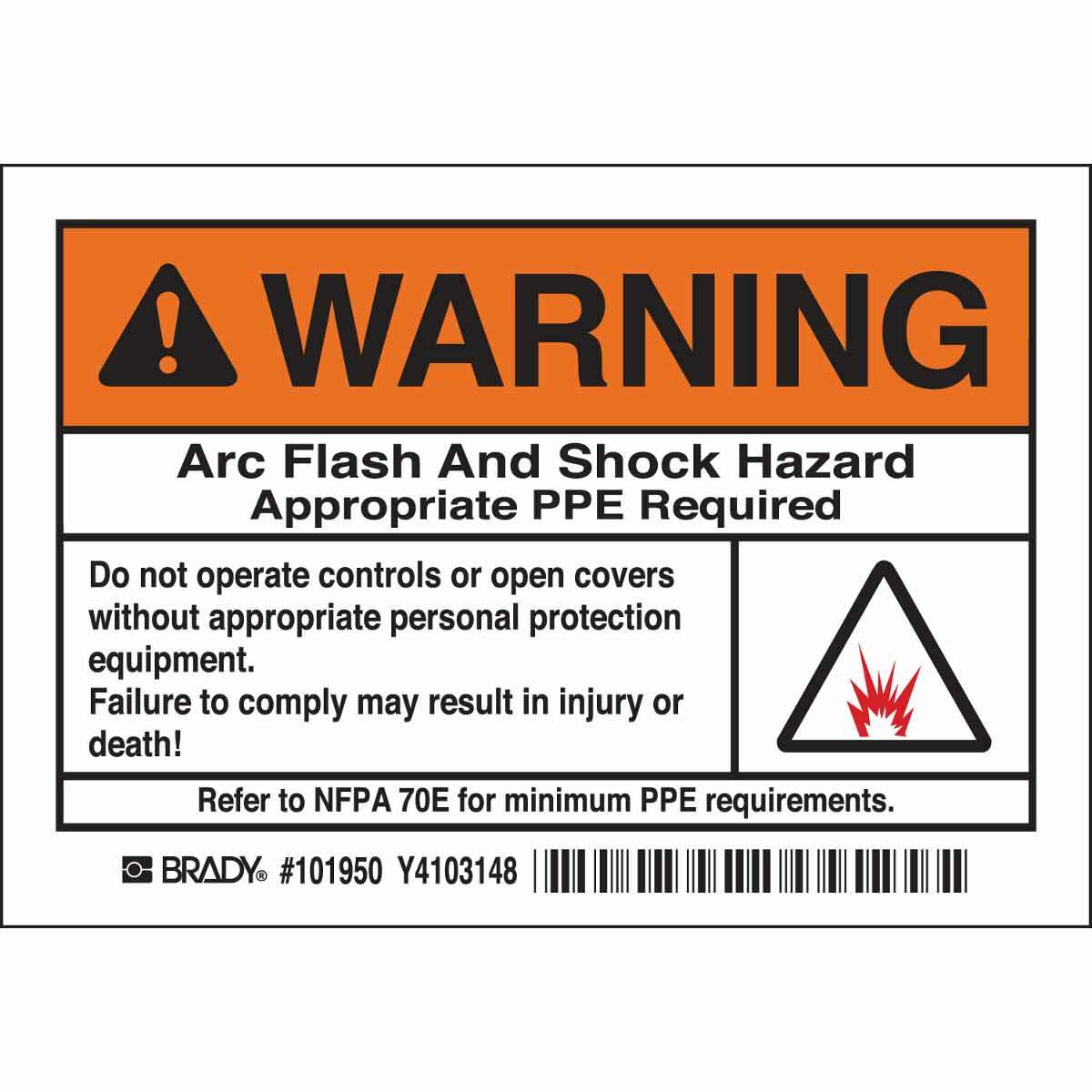 101950 High Performance Laminated Non-Reflective Rectangular Self-Adhesive Arc Flash Protection Label, 5 in W, Black/Orange on White, B-302 Polyester, 5 per Pack Labels