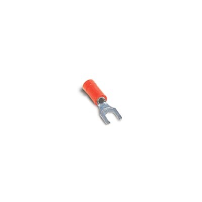 TV14-8LF-L Catamount Fork Terminal, 16 to 14 AWG Conductor, 0.866 in L, Brazed Seam/Funnel Entry/Internal Serration Barrel, Copper, Blue