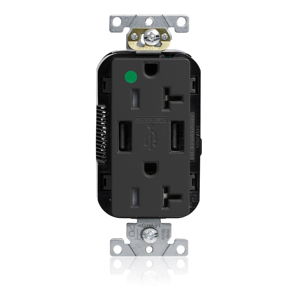 M58AA-HGE Decora Lev-Lok Duplex Heavy Duty Tamper-Resistant Combination USB Receptacle, 125 V AC, 20 A, 2 Poles, 3 Wires, Black