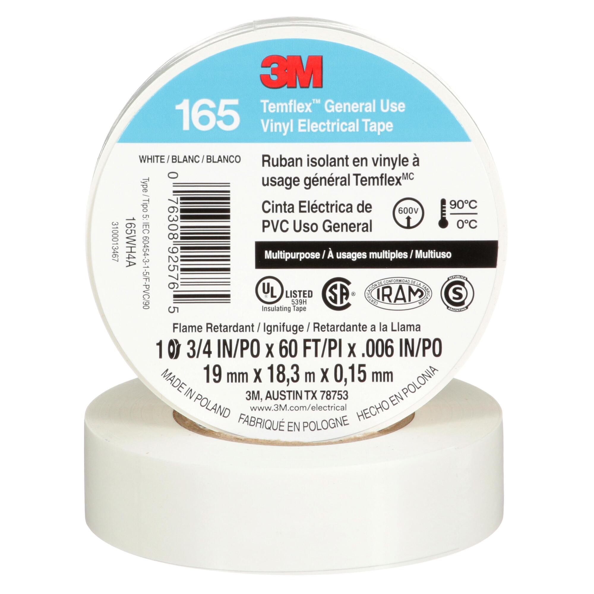 7100169491 Temflex Vinyl Electrical Tape 165, 3/4 inch x 60 ft, White