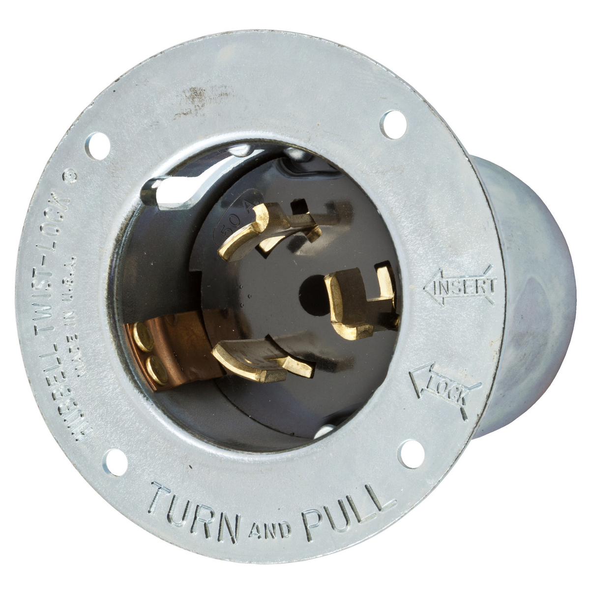 CS6375 CS Series 1-Phase Extra Heavy Duty Grounding Screw Mount Flanged Inlet, 125/250 V AC, 50 A, 3 Poles, 4 Wires, Metallic