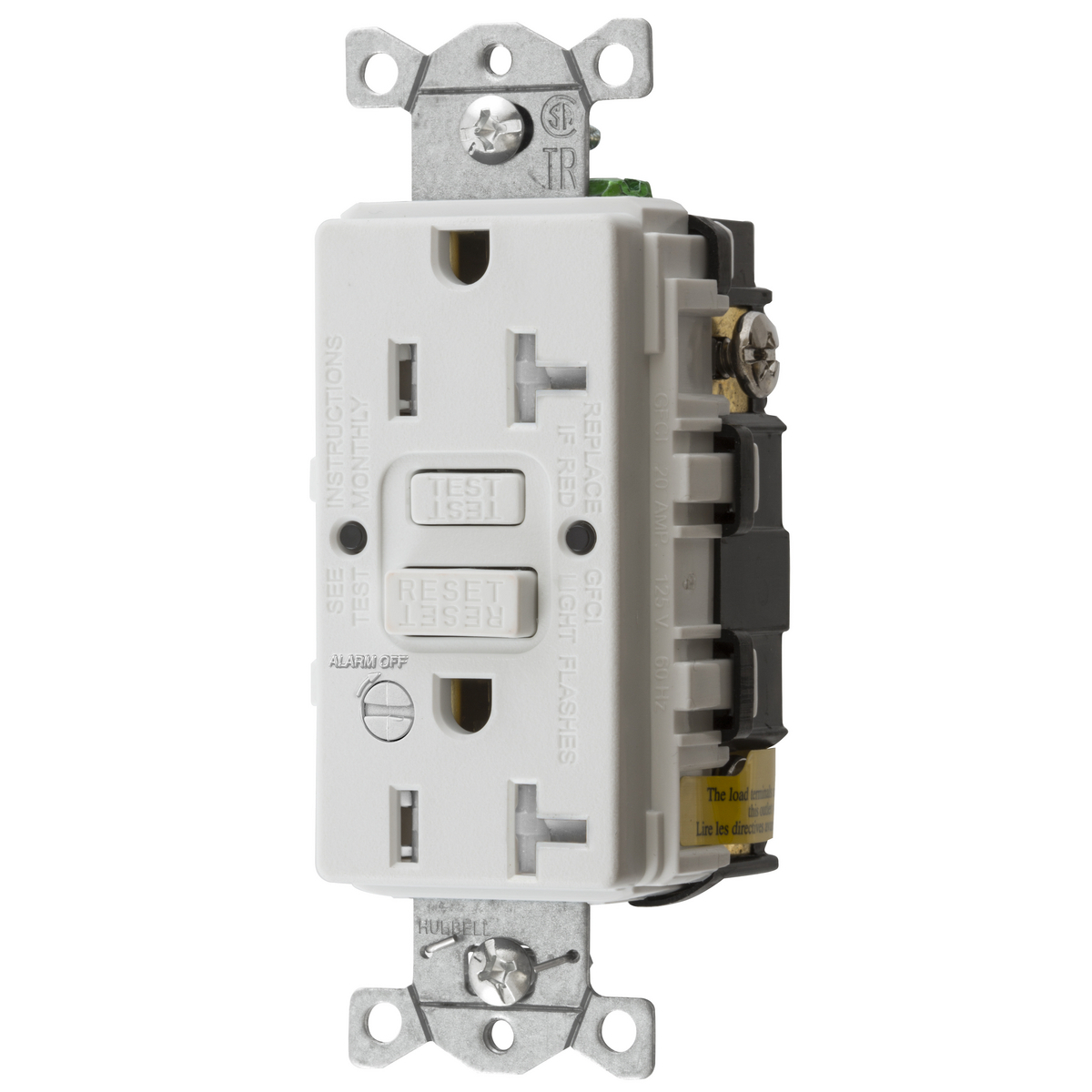 GFTRST20WB 1-Phase Heavy Duty Standard Self-Test Tamper Resistant Screw Mount GFCI Receptacle With Alarm, 125 V AC, 20 A, 2 Poles, 3 Wires, White
