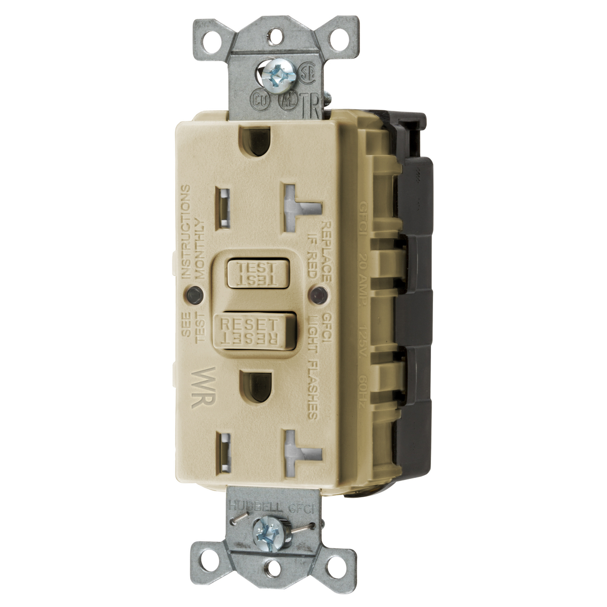 GFTWRST20SNAPI 1-Phase Decorator Duplex Standard Self-Test Screw Mount Weather Resistant GFCI Receptacle, 125 VAC, 20 A, 2 Poles, 3 Wires, Ivory