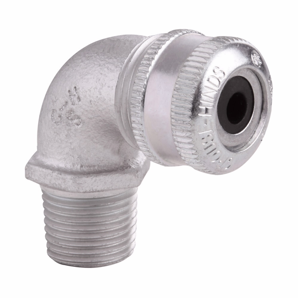 CGE398 90 deg Flexible Cable Gland Connector, 1 in Trade, 7/8 to 1 in Cable Openings, Feraloy Iron Alloy, Electro-Galvanized
