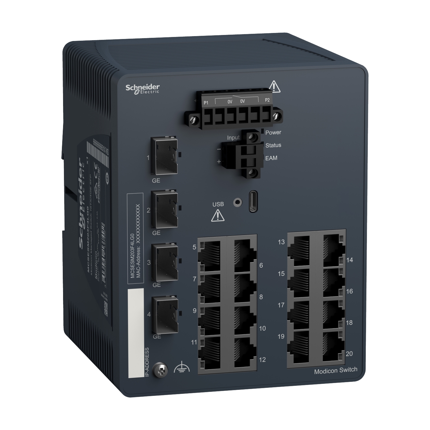 MCSESM203F4LG0 Ethernet TCP/IP Unmanaged Switch, 10/100BASE-TX/100/1000 SFP System, Shielded RJ45 Copper Connectors