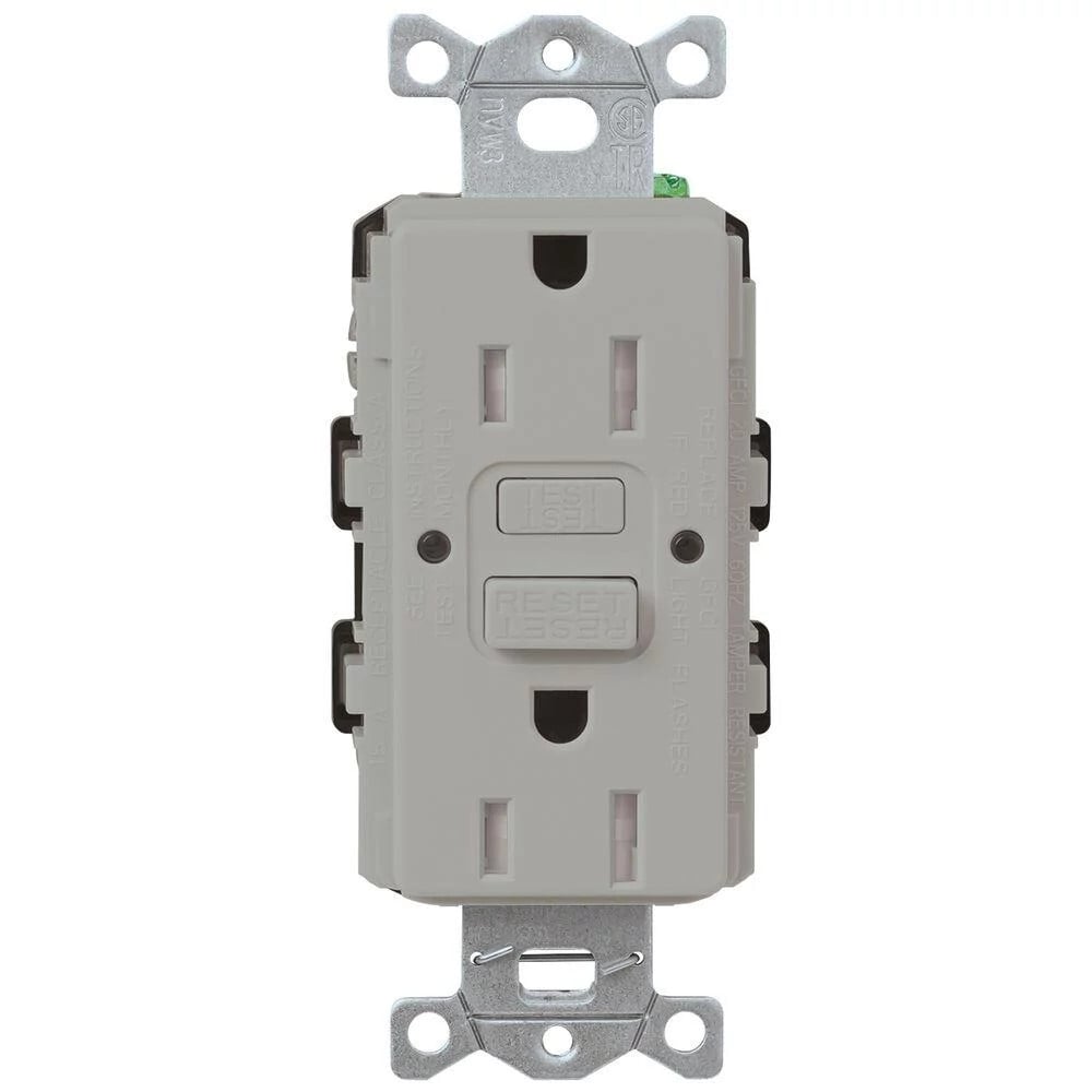 CAR-15-GFST-GR Claro Tamper-Resistant GFCI Duplex Receptacle, Decorator-Style Outlet, 15 Amp, Self-Testing, Gloss, Gray