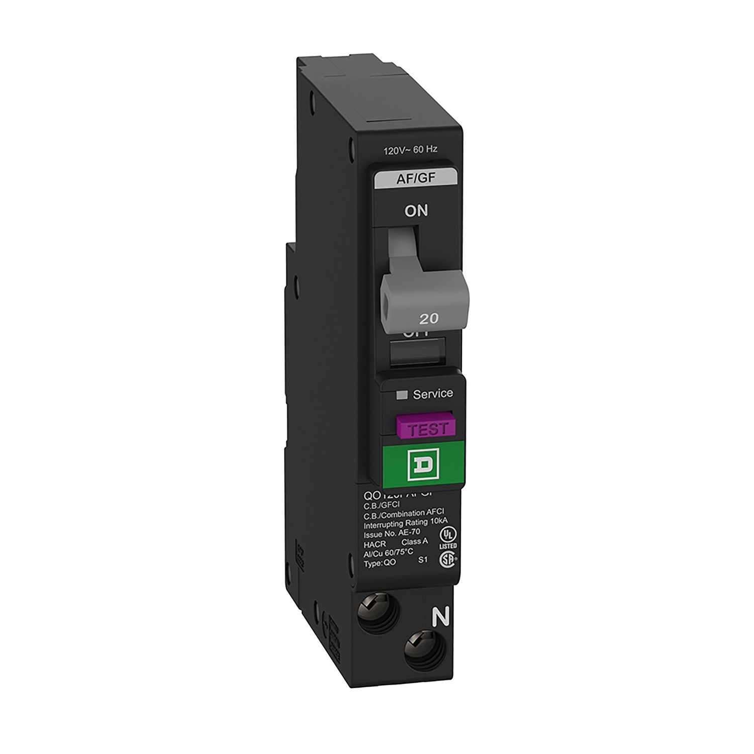 QO120PAFGF  Circuit Breaker, 20 Amp, 1 Pole, 120V