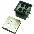 Tamper-Resistant Floor Box Assembly, Two #8 duplex openings, Four threaded screw plugs. Includes two 3232 15 amp, 125 volt tamper-resistant duplex receptacles. Nickel.