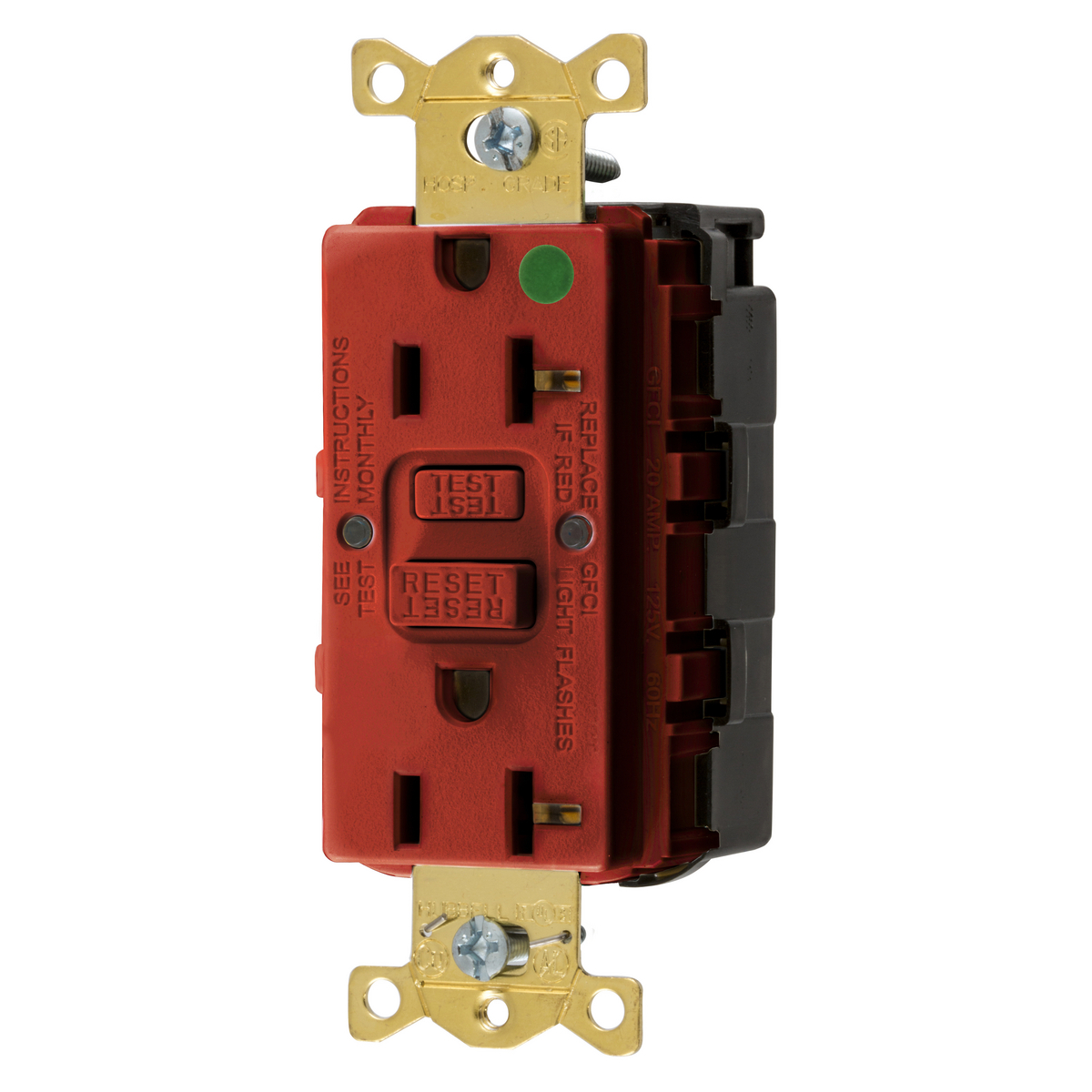 GFRST83SNAPR 1-Phase Decorator Duplex Self-Test Standard Straight Blade Screw Mount GFCI Receptacle, 125 VAC, 20 A, 2 Poles, 3 Wires, Red
